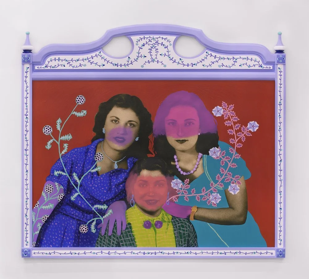  Daisy Patton,  Untitled (Three Women with Dandelion and Wild Rose Vines) , 2024, oil on archival print mounted to panel with found mirror frame, 44 x 49 1/2 inches. Collection of Ulrich Museum of Art; Gift of the Artist and Dr. Enrique Suárez. 