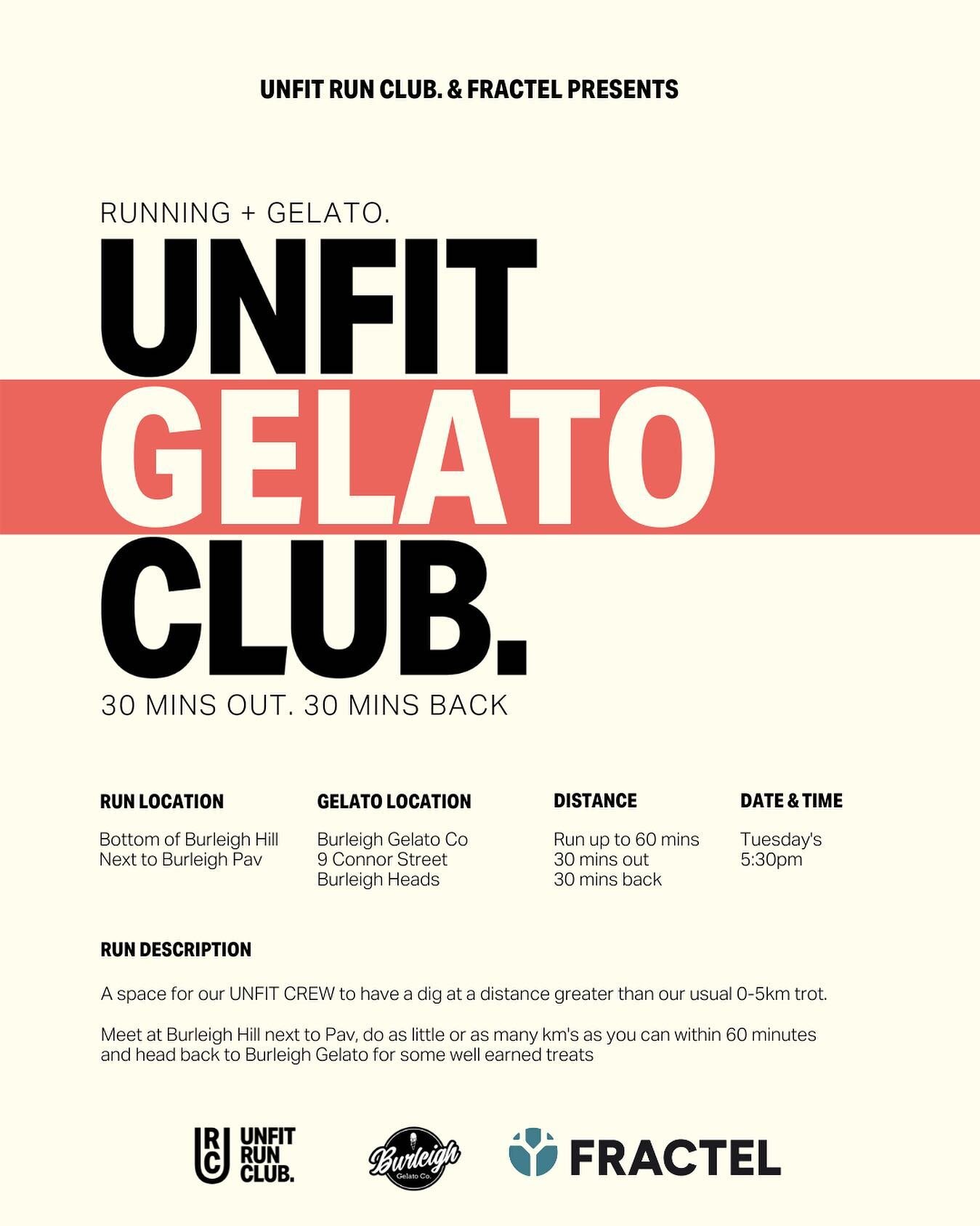 🚀 UNFIT FAM LEGIT COULD NOT BE MORE PUMPED FOR THIS 🚀

Collaboration: 02

Starting next Tuesday 13/9 the next phase of our collaboration project is set to launch. 

@unfitrunclub @fractelrunning &amp; @burleighgelatoco present

UNFIT GELATO CLUB. 
