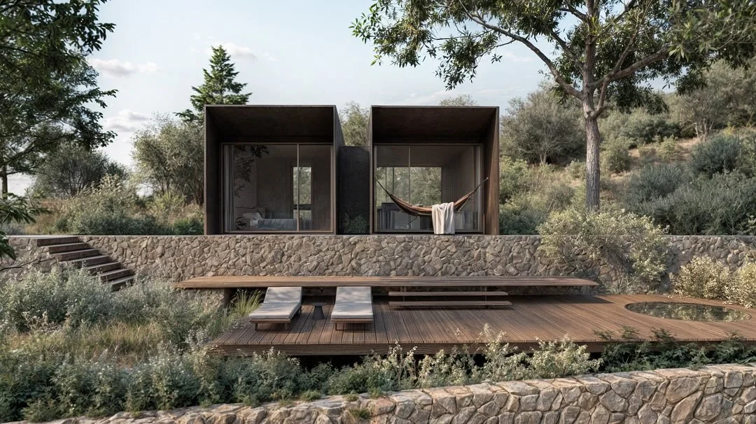 Ktima Aidipsos | Hospitality 

Metal cabins and accommodation

The architectural program combines shared hospitality buildings (reception, restaurant-bar, swimming pool, spa) with small-scale artisanal production facilities&mdash;including a bakery, 