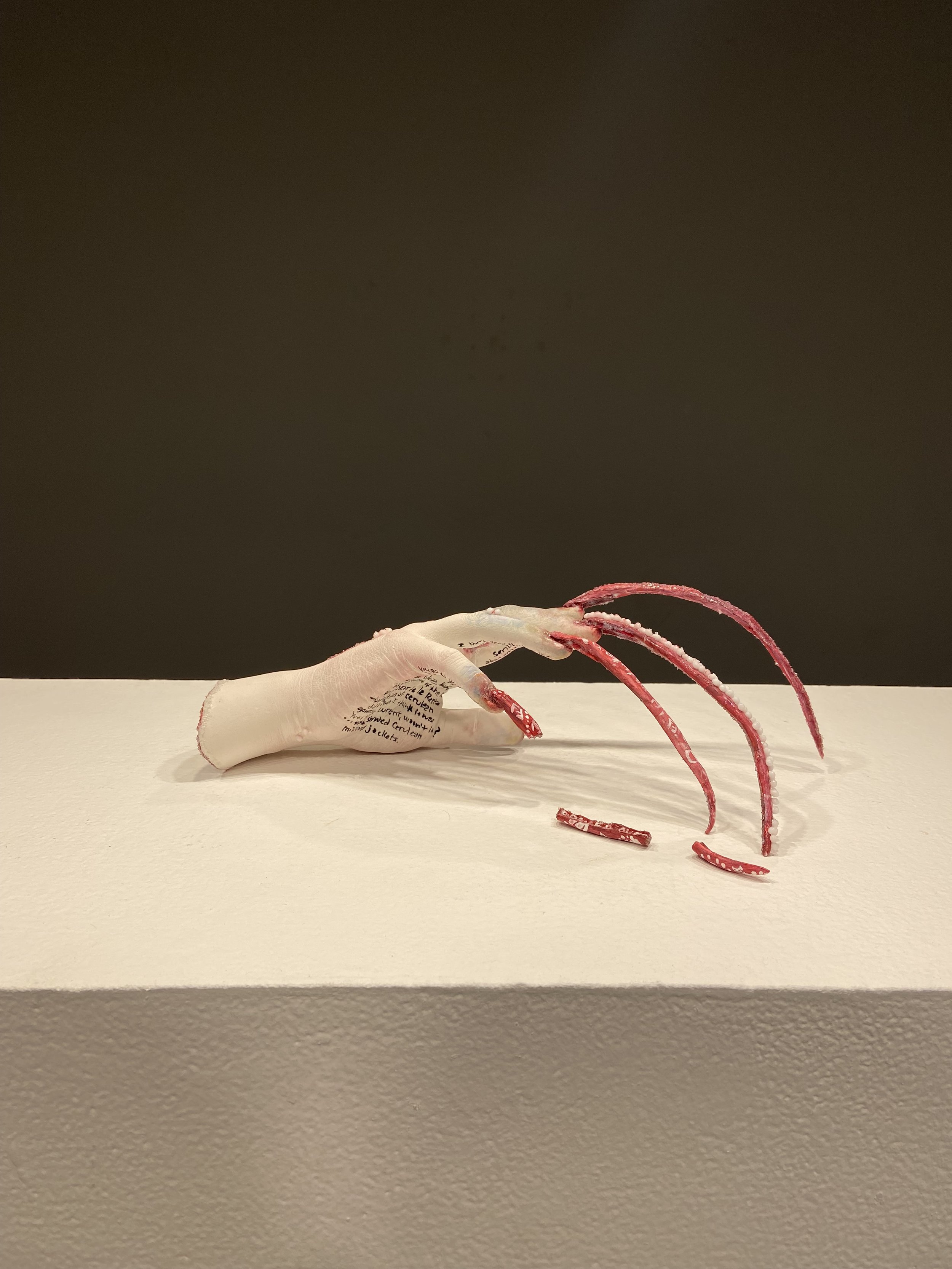 Hand cast, 2023, plaster, acrylic nails, glass bead gel, gouache