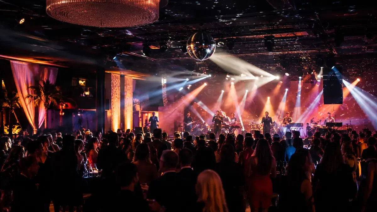 People dancing and enjoying a live music concert with bright stage lights, disco ball, and colorful atmosphere.
