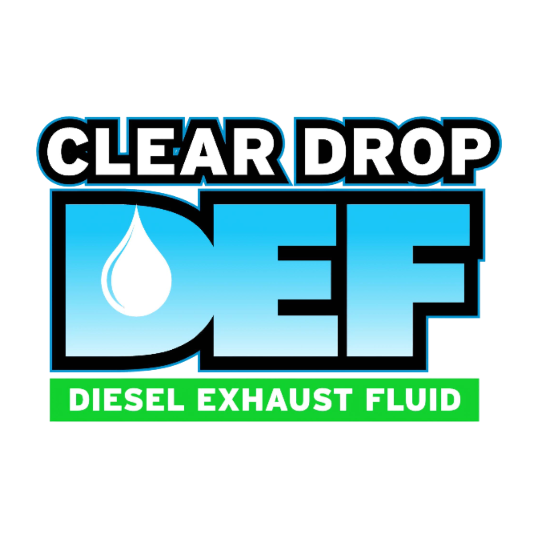 Logo for Clear Drop DEF Diesel Exhaust Fluid, featuring a water droplet and green text box.