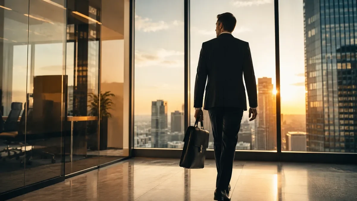 A man in a suit walking in an office building with large windows overlooking a cityscape at sunset, carrying a briefcase.
