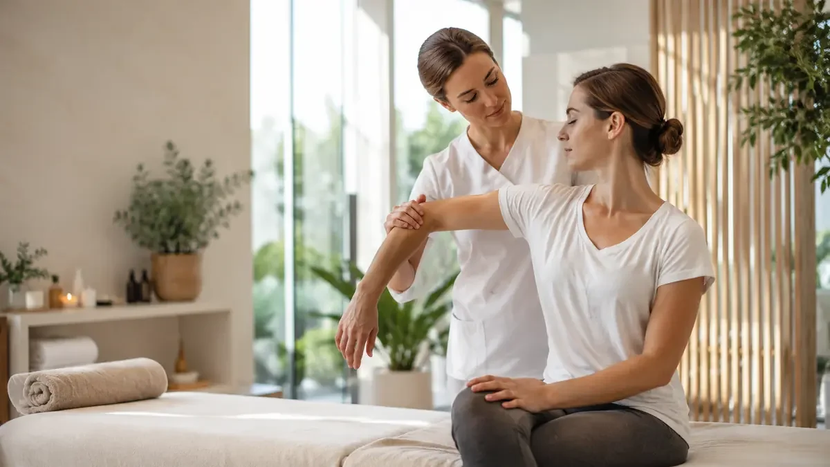 A woman sitting on a treatment bed receiving physical therapy from a therapist in a bright, modern wellness or medical clinic with plants and natural light.