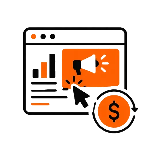 Icon representing online advertising or marketing, including a browser window with a bar chart, a large orange play button with a loudspeaker symbol, a cursor clicking a button, and a dollar sign indicating monetization.