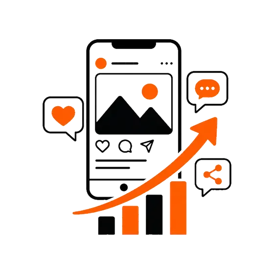 Illustration of a smartphone with social media icons, an upward trending arrow, and bar graph indicating growth and social media engagement.
