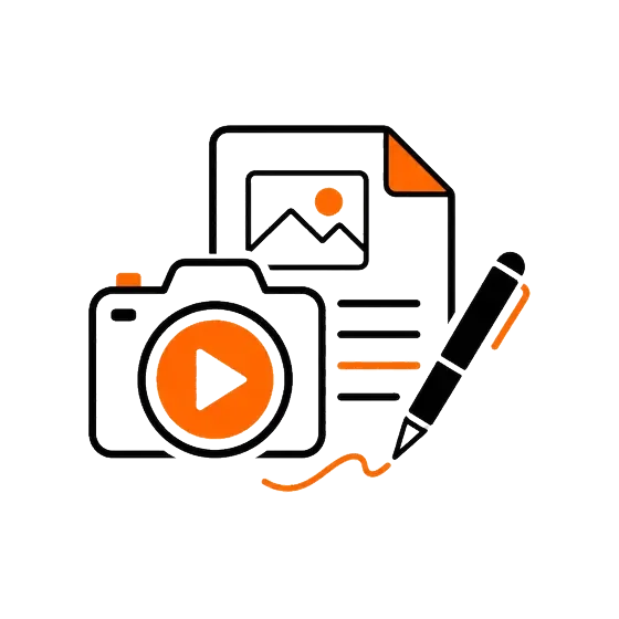 Illustration of a camera, a document with a photo and text, a pen, and a play button, representing multimedia content creation and editing.