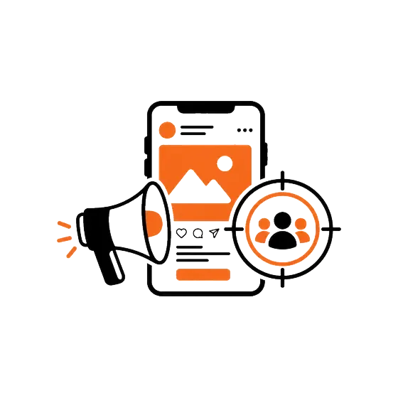 Icon of a smartphone with an image, target with group of people, and a megaphone, representing social media marketing or advertising targeting an audience.