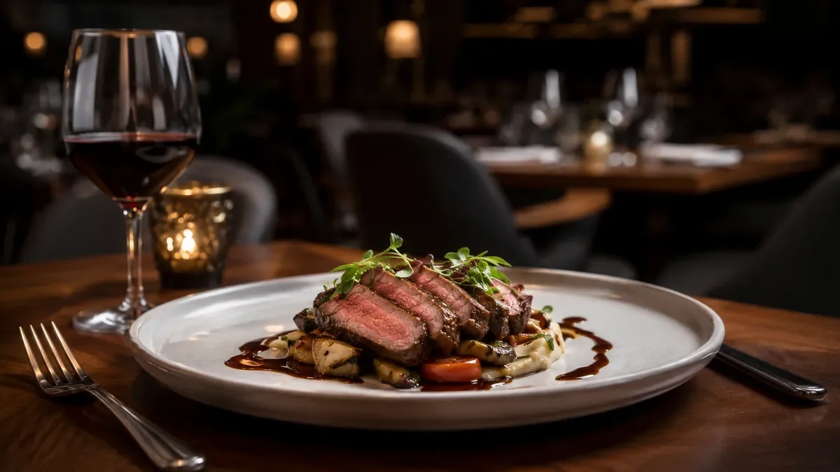 A plate with a sliced medium-rare steak topped with microgreens, served over roasted vegetables, with a glass of red wine in the background.