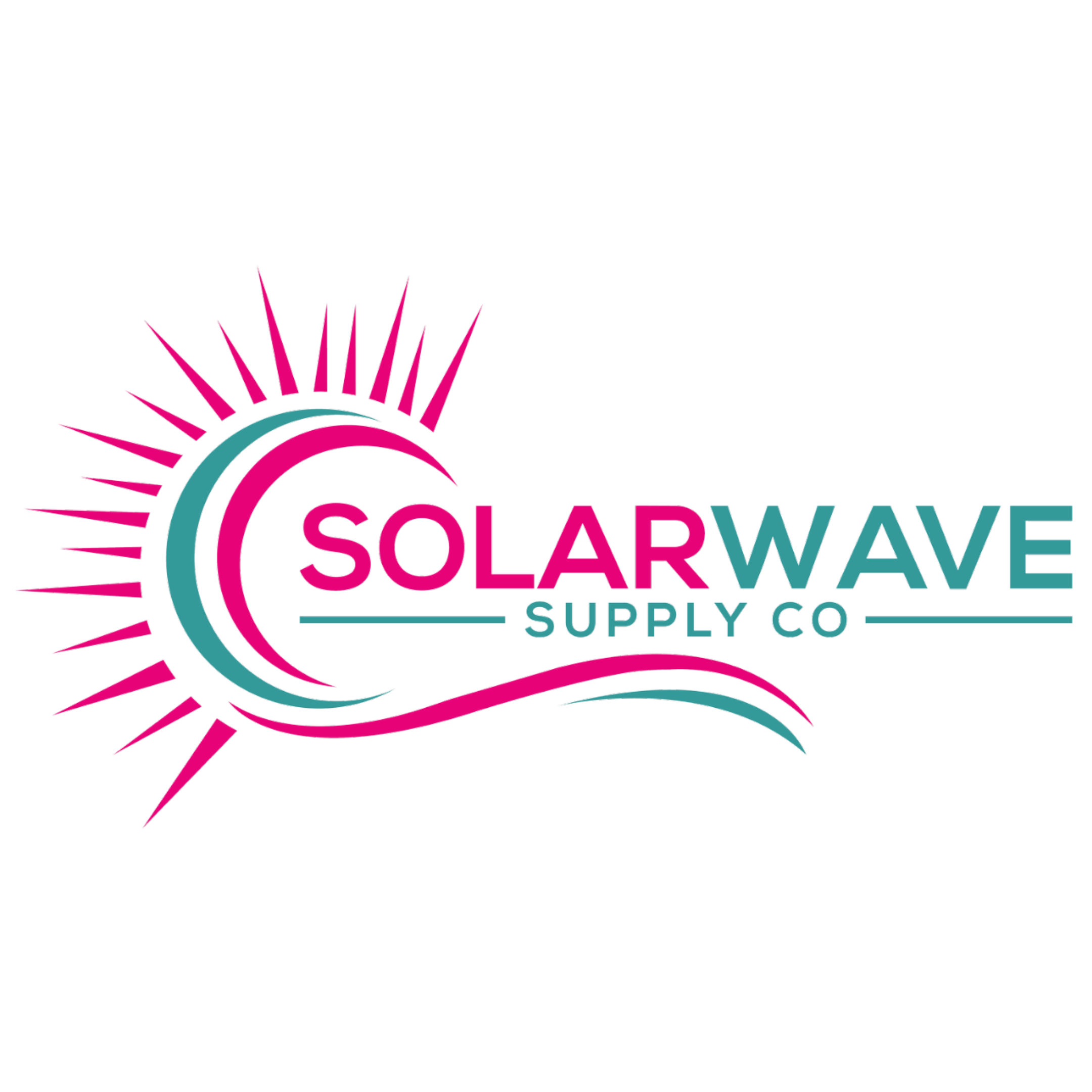 Logo for Solary Wave Supply Co. with stylized sunburst and wave graphic in pink and teal.