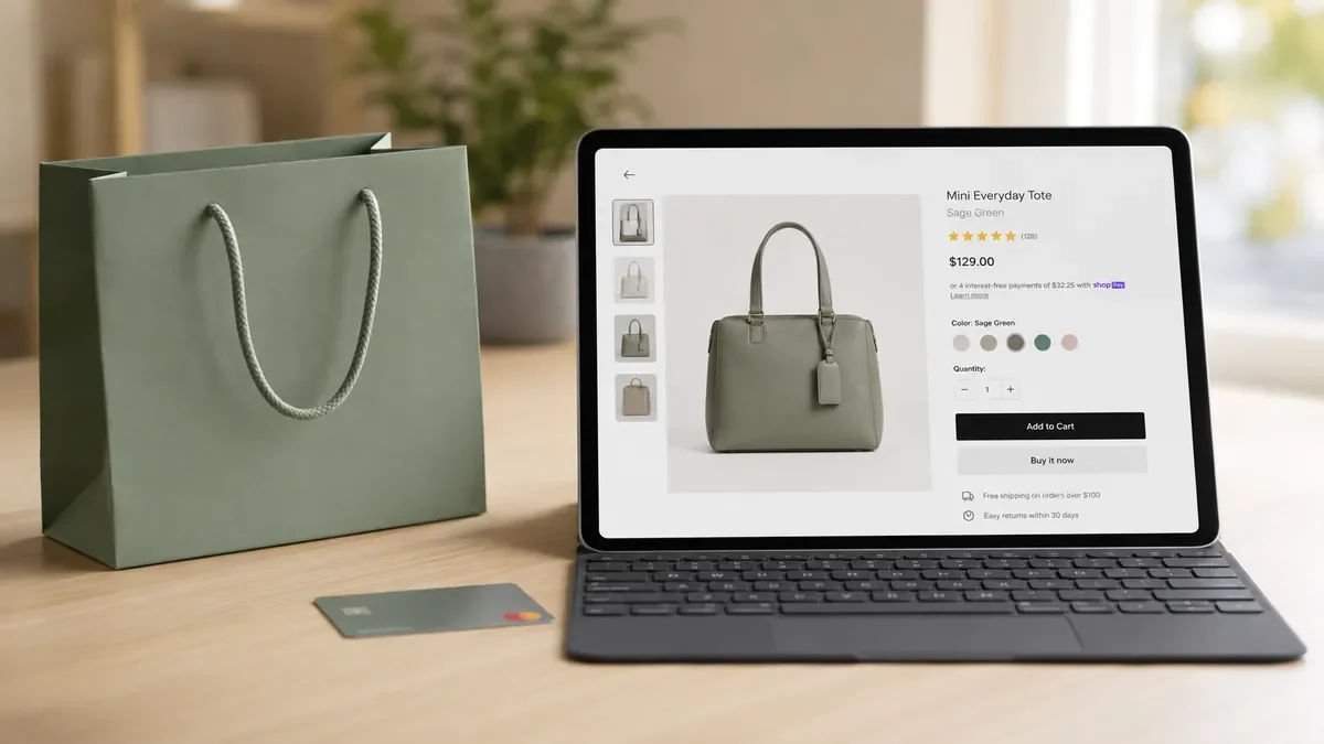 Shopping scene with a tablet displaying an online store page for a sage green handbag, a green shopping bag, and a credit card on a wooden table.