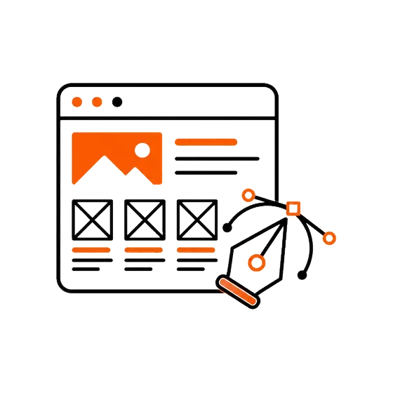An illustration of a website layout with a graphic design tool, showing a window with several wireframe elements, an image placeholder, and a pen tool with editing nodes.