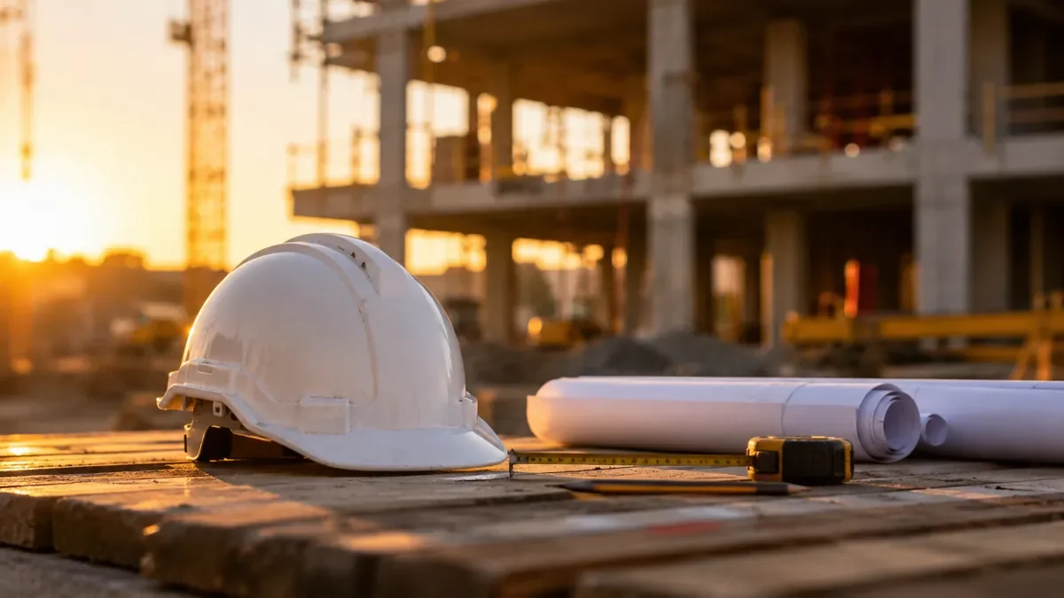 Construction site at sunset with a white safety helmet, rolled blueprints, and a tape measure on a wooden surface