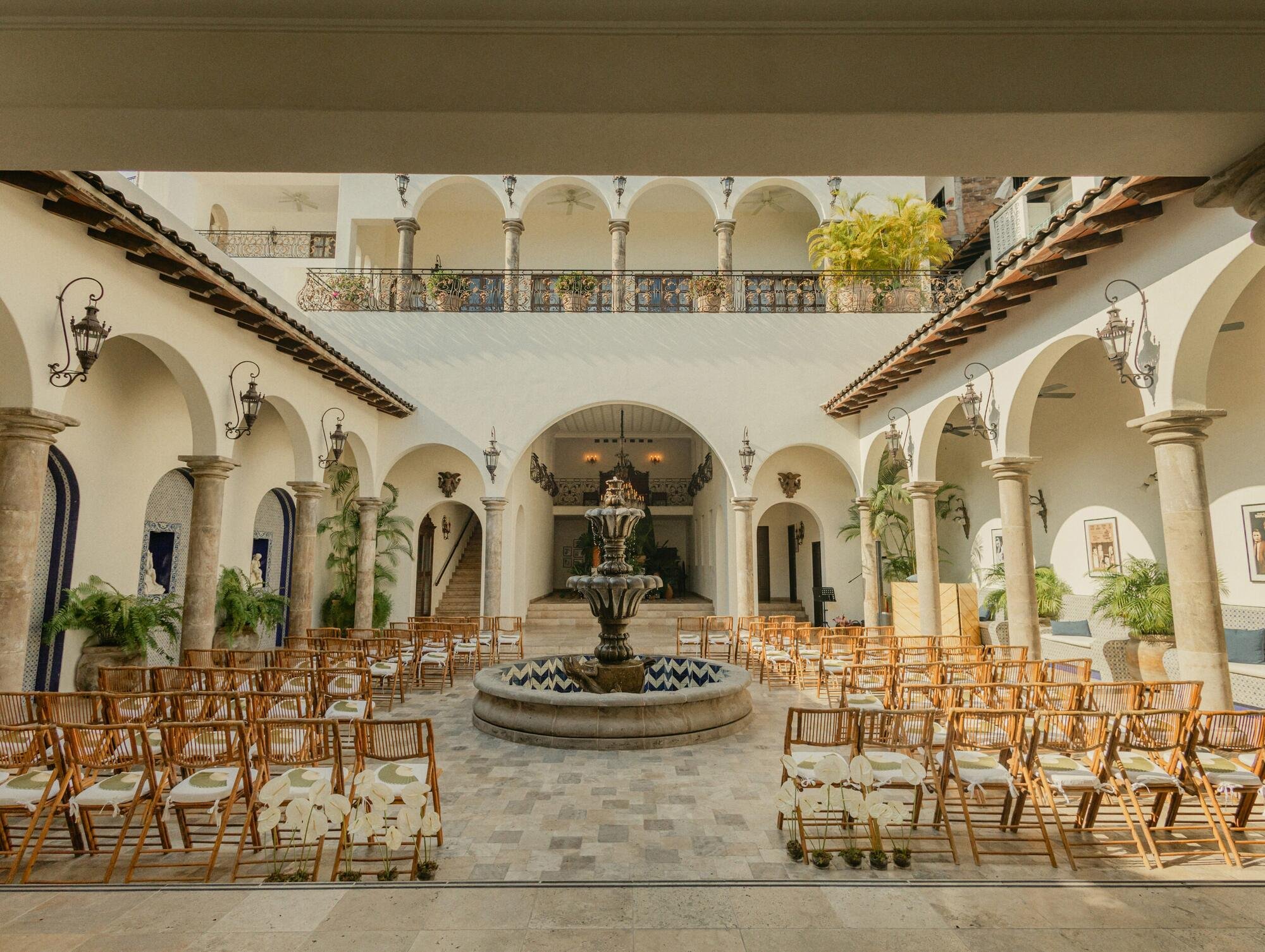 Ceremony set around the fountain in the Casa Kimberly courtyard, Puerto Vallarta