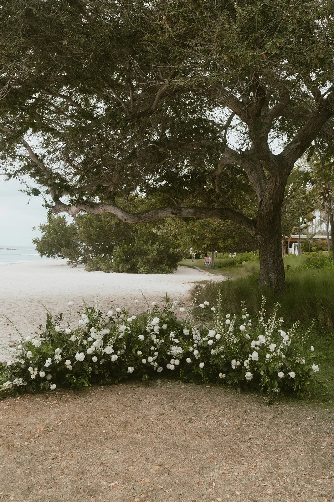 White and green ceremony meadow built at ground level along the sand, St. Regis Punta Mita