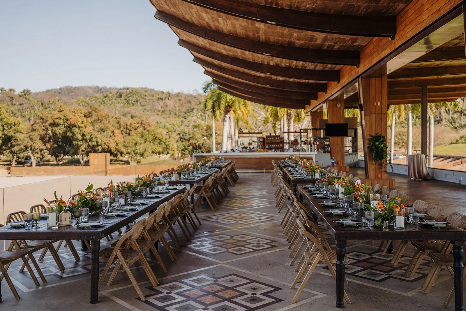 Reception long tables at Tierra Tropical Polo Club, San Pancho