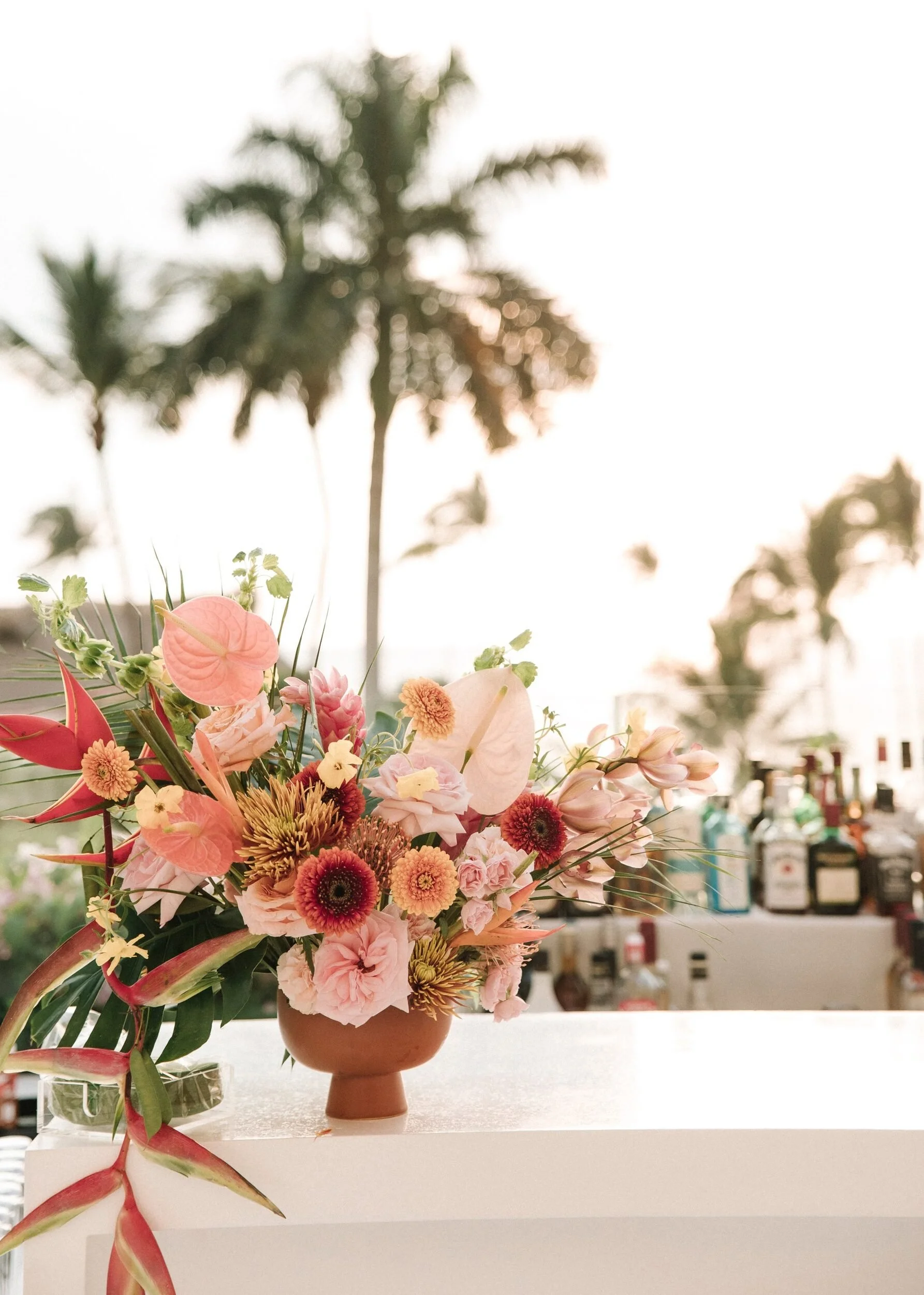Coral arrangement on the bar at a welcome party at Grand Velas Riviera Nayarit
