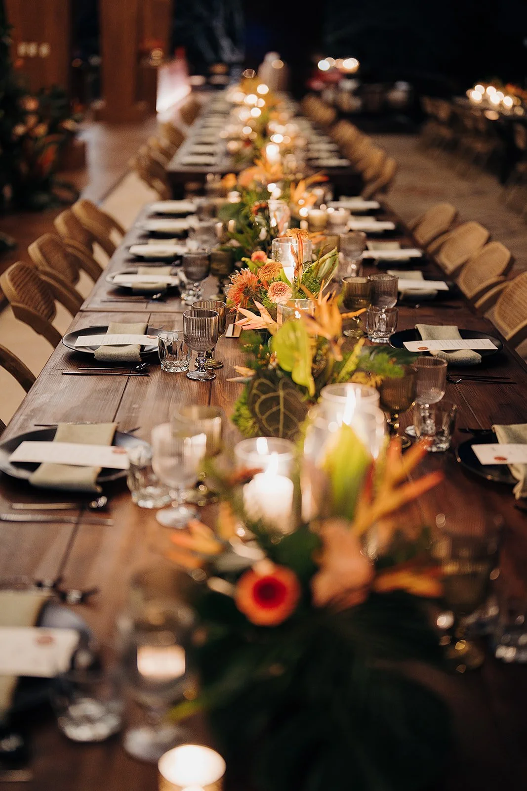 Reception tables in candlelight at night at Tierra Tropical Polo Club, San Pancho