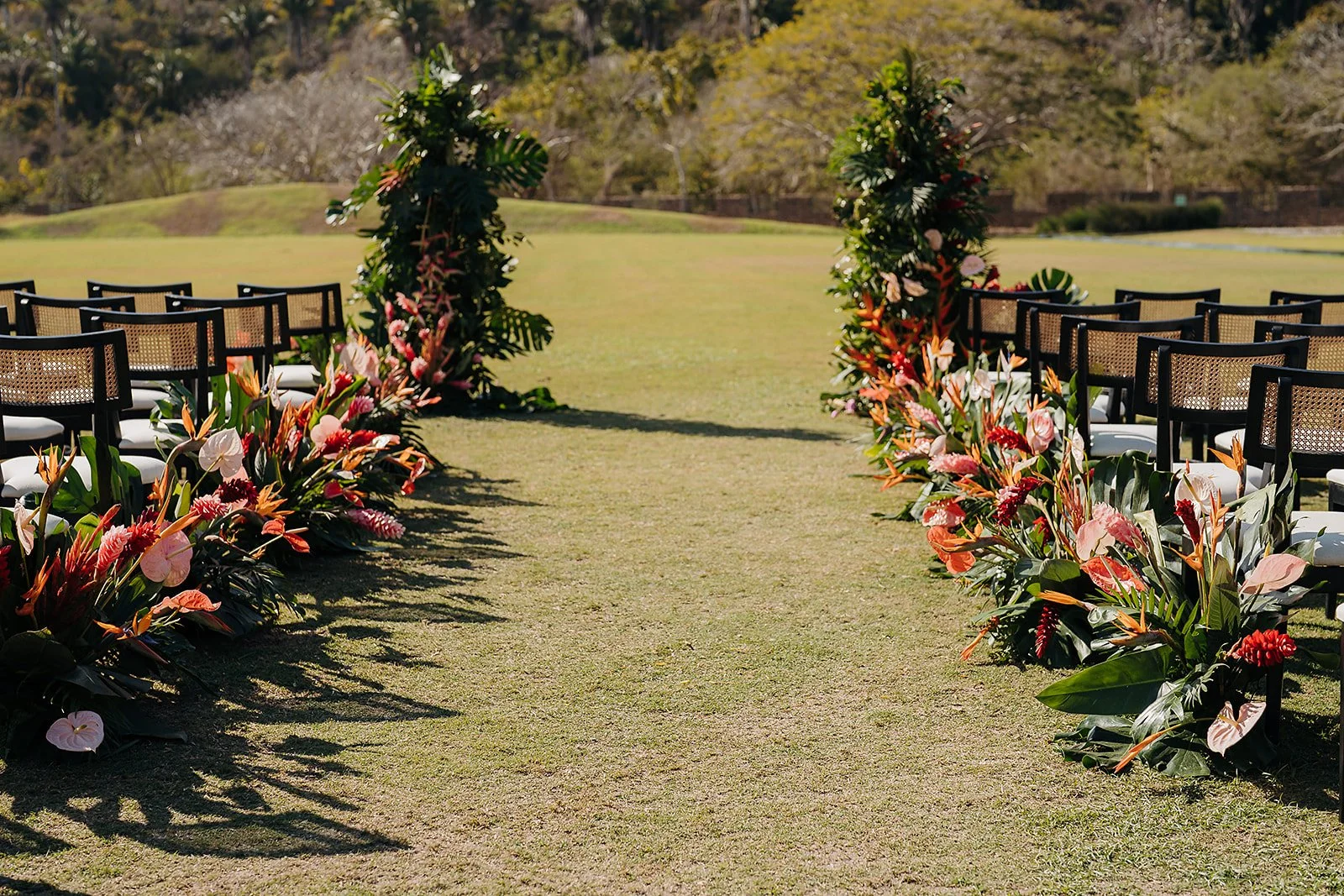 Grounded tropical aisle installations against the hills at Tierra Tropical Polo Club