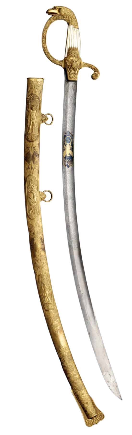 Un sabre en acier décoré et avec un manche doré, à côté de son fourreau doré sur fond noir