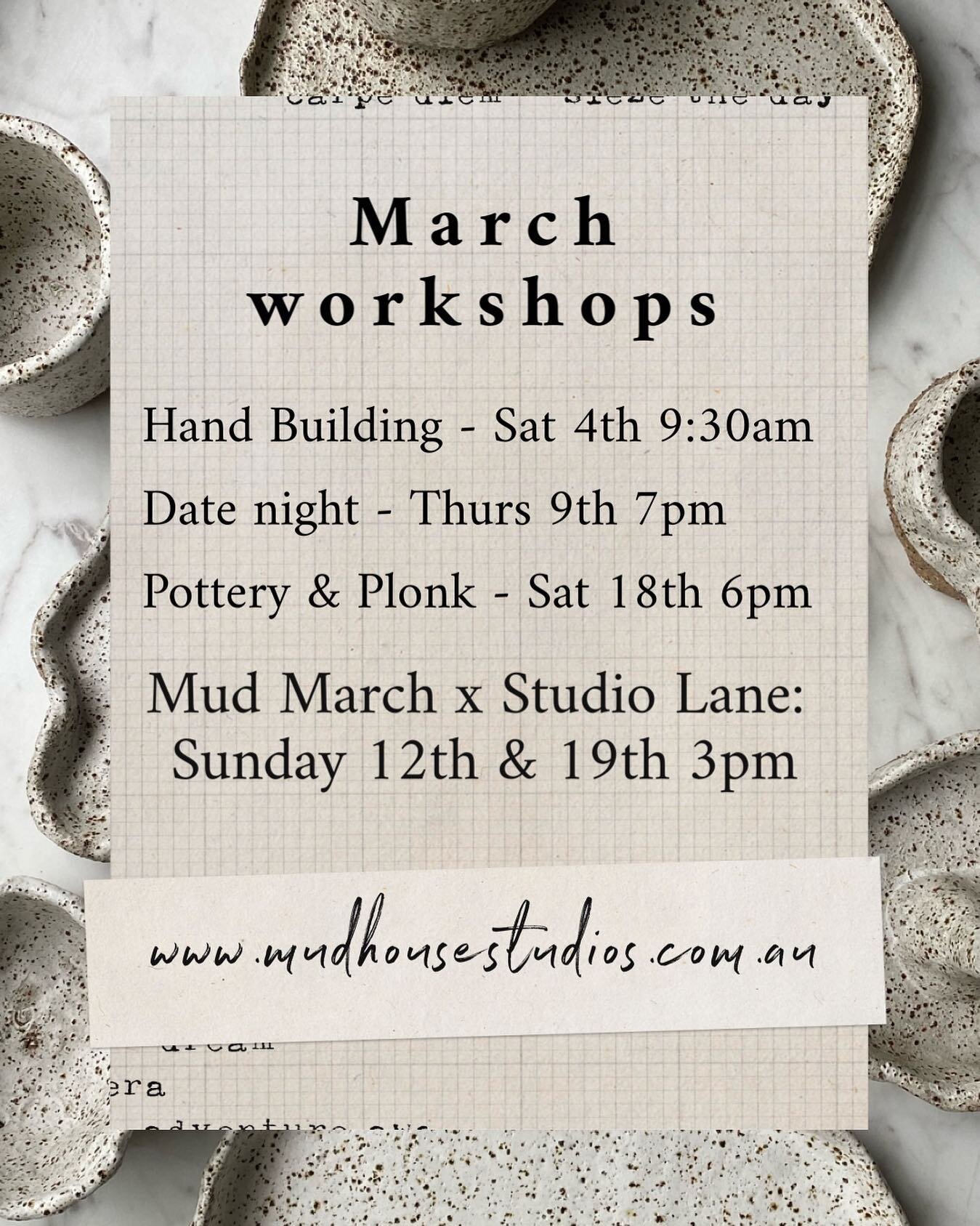 March workshops dates. This month I&rsquo;ve added 2 new workshops that will be held at Studio Lane in Erina. If you&rsquo;d like to join us for Mud March @studio__lane the booking link is in our bios. Hope to see you there 🙏🏼