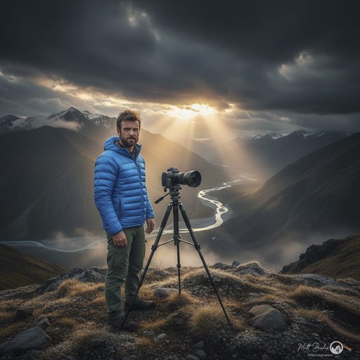 "Professional landscape photographer using a Nikon Z7 camera on a tripod to capture a dramatic mountain sunrise, showcasing 25 years of expertise, photography workshops, and online tutoring."