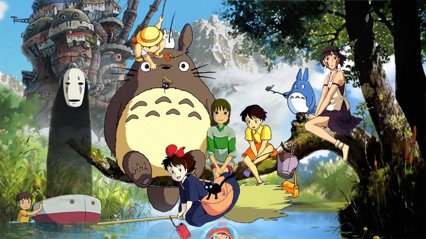 Colorful scene from the animated film 'My Neighbor Totoro' featuring characters sitting on a tree branch above a river, including Totoro, a girl, a boy, and various other characters, with a large tree and forest in the background.