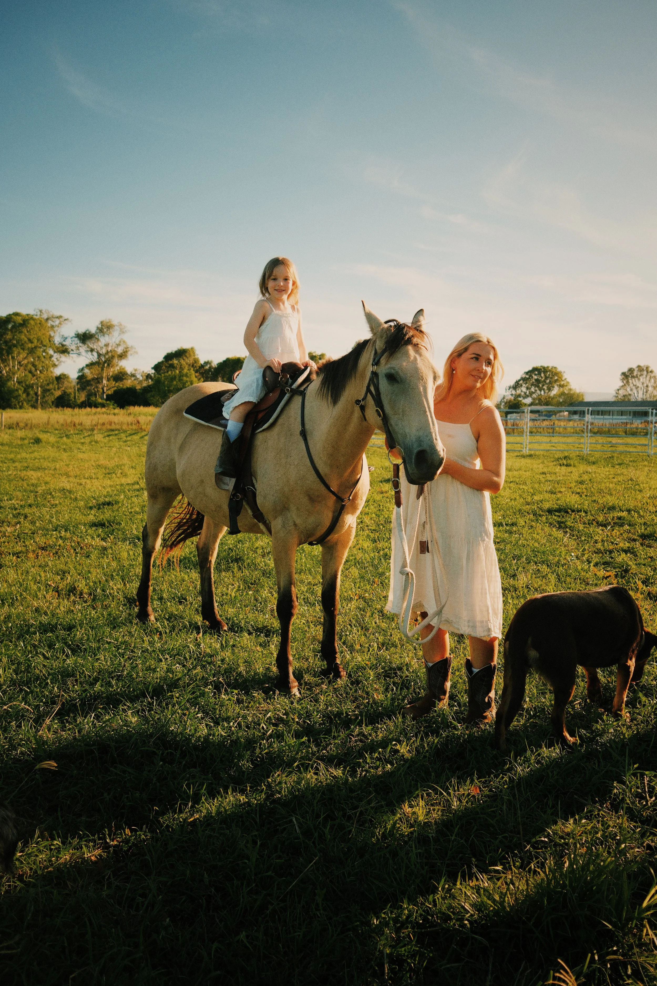 A young girl riding a white horse in a green field, accompanied by a woman holding the horse's reins and a puppy walking nearby, during sunset.