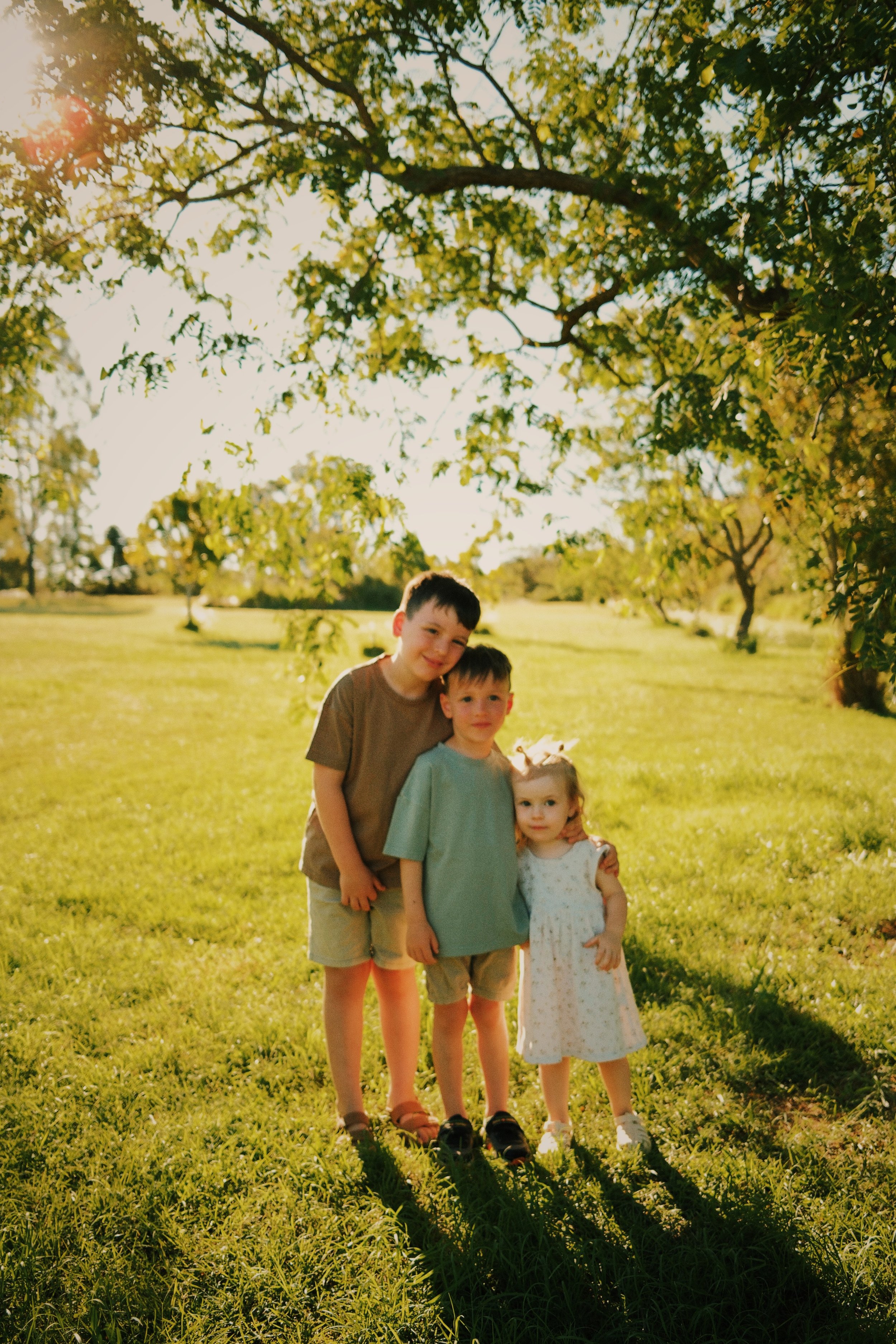 Three children standing together outdoors under a tree with sunlight streaming through the leaves, on a grassy field.
