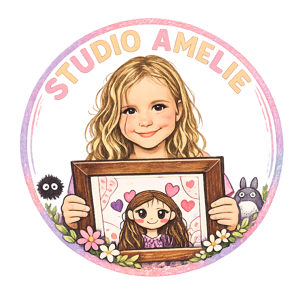 A young girl smiling and holding a framed drawing of herself with hearts behind her, surrounded by cartoon characters and flowers, with a pink circular border and the text "Studio Amelie" at the top.