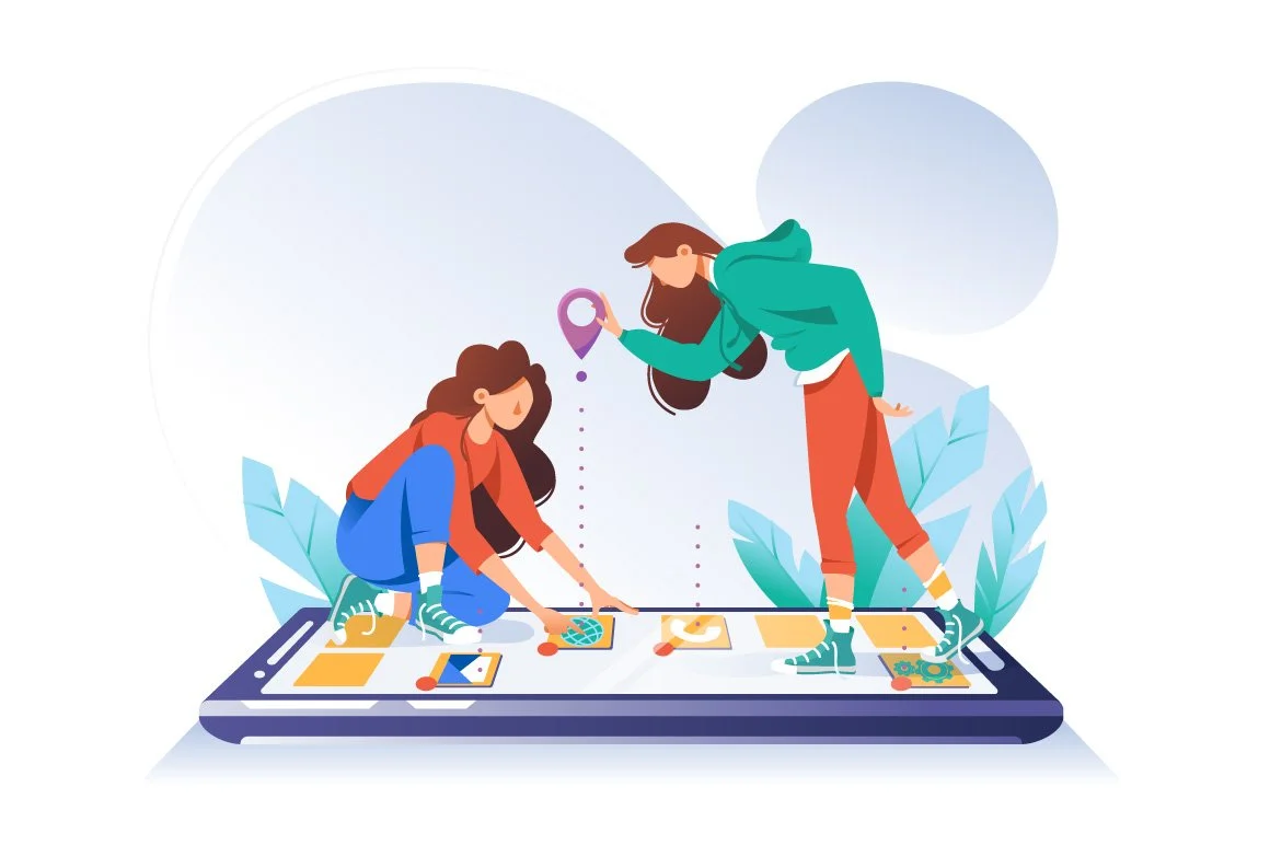 Two girls interacting with a giant tablet that displays digital artwork and maps, with one girl sitting and the other leaning over, surrounded by leaves.