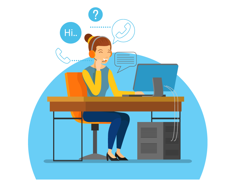 A woman wearing a headset sits at a desk with a computer, smiling and talking. There are icons around her for phone, chat, and greetings, indicating customer service or call center work.