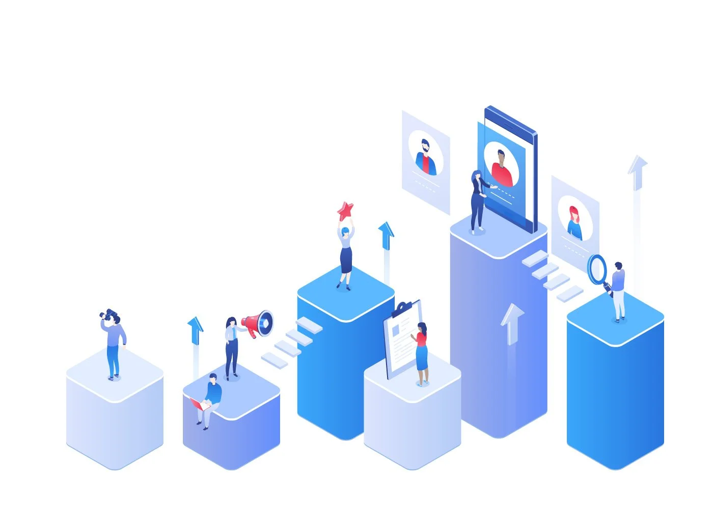 Illustration of people on ascending platforms working on digital profiles and online communication.