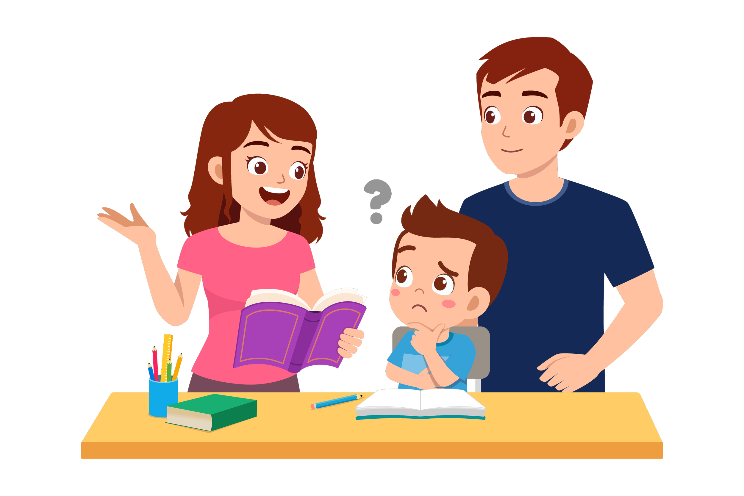Three children around a school desk, with a girl holding a book and speaking, a boy sitting with a thoughtful expression, and a man standing next to them, all engaged in a discussion.