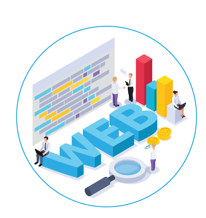 Illustration of the word 'WEB' with people analyzing data, a magnifying glass, bar charts, and coins, representing web analytics and digital marketing.