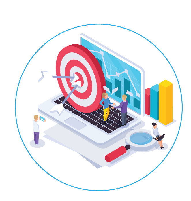 Illustration of a laptop with a target and arrows on its screen, representing goal setting or achievement. Small people around the laptop are engaged in data analysis and research activities, including a woman with a magnifying glass, a woman and a man shaking hands, and a person taking a photo. Bar charts and a line graph are displayed on a monitor in the background.