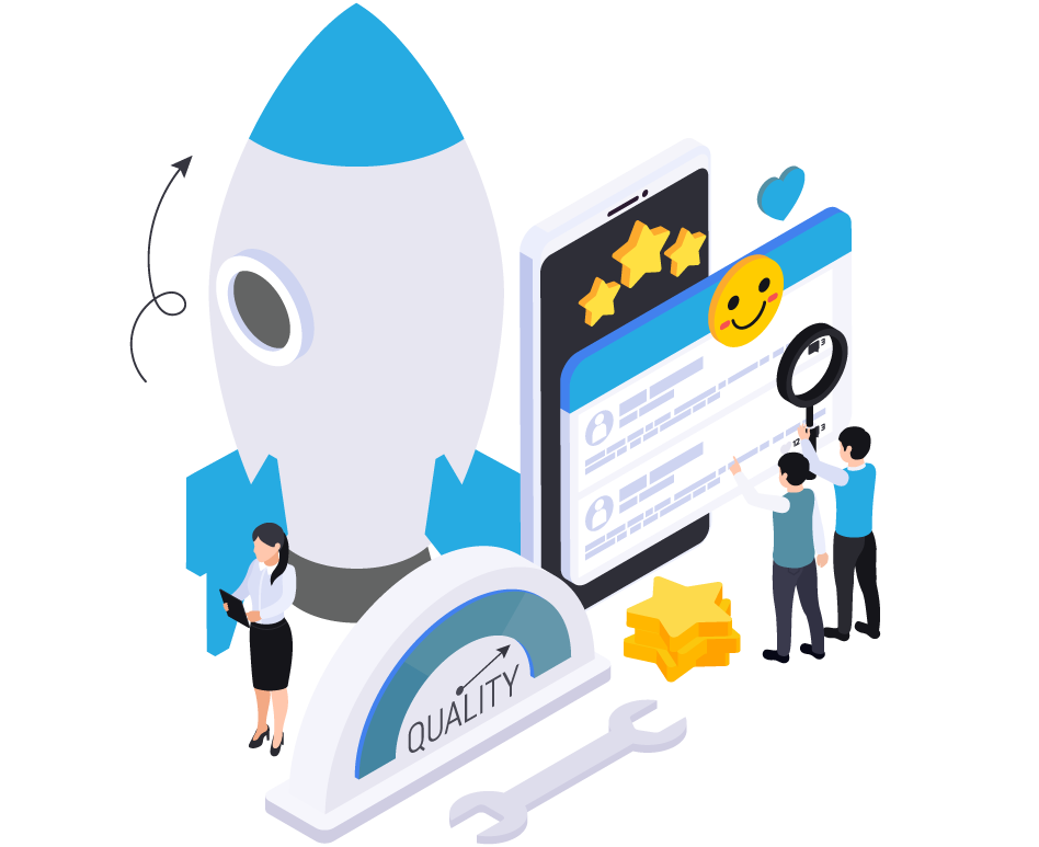 An illustration depicting customer feedback analysis with a large smartphone showing star ratings and comments, a magnifying glass, two people analyzing reviews, a smiley face icon, a quality gauge, a wrench, and a stack of gold coins.