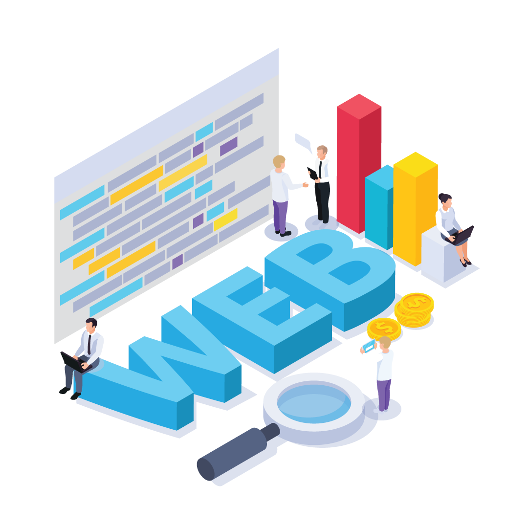 Illustration of the word 'WEB' with businessmen and businesswomen, including charts, coins, and a magnifying glass.