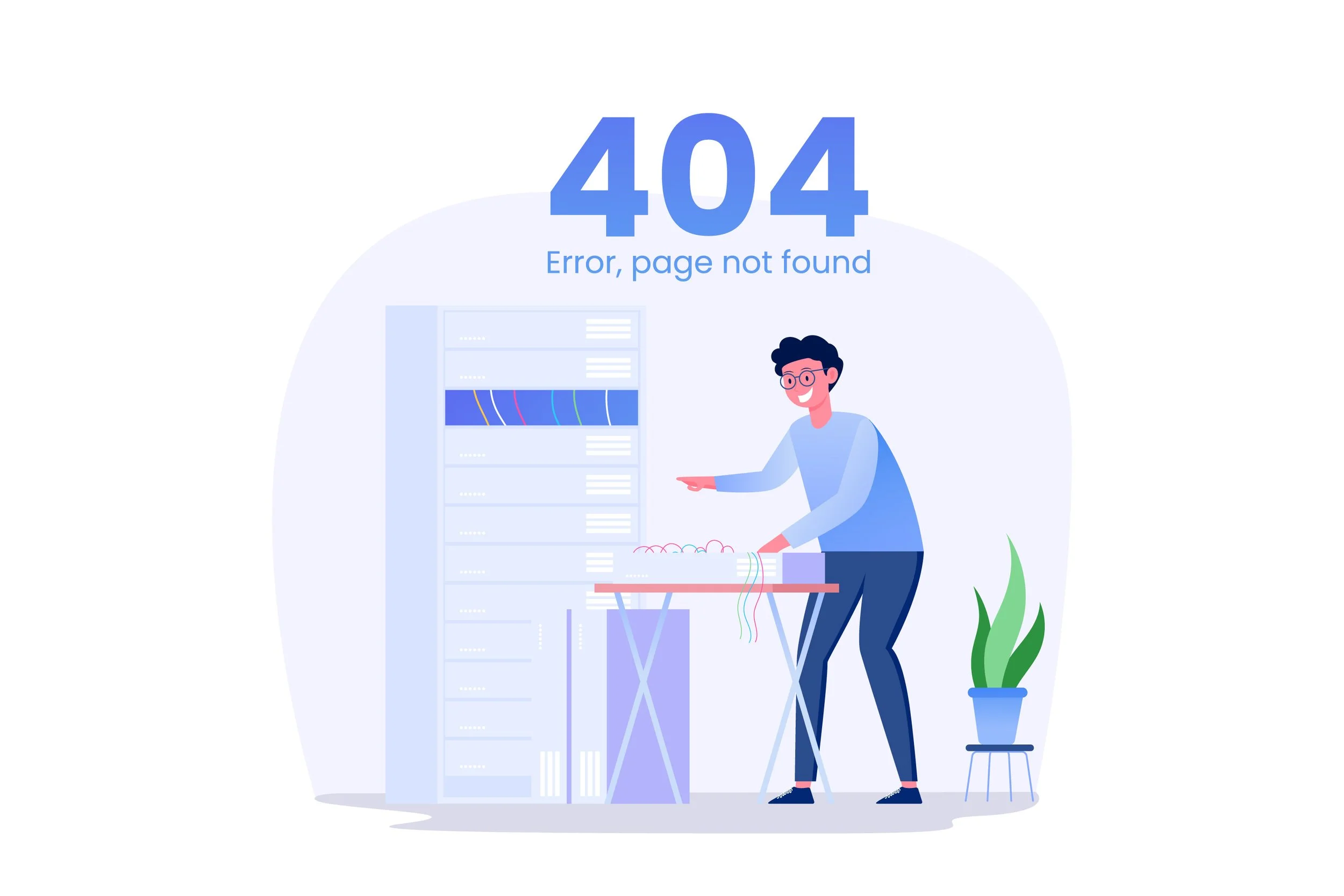 An illustrated person with glasses and dark hair in a light blue shirt is standing at a table, pointing at a small electronic device with colorful wires. Behind them, there is a large, semi-transparent server rack and a potted plant on a small stand. The background features a light circle, and text displaying "404 Error, page not found" at the top.