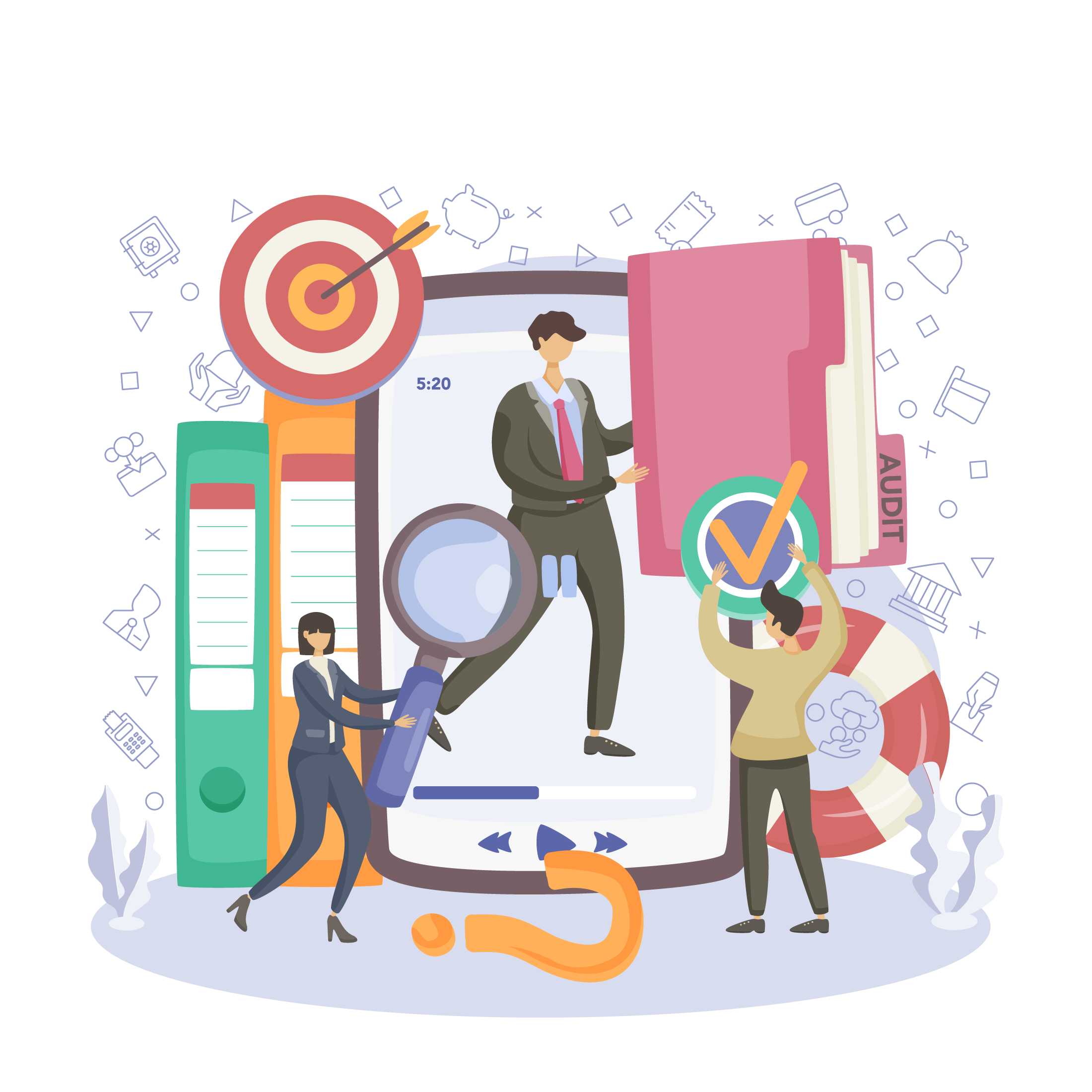 Illustration of a mobile phone with people analyzing and marking it for a presentation, including a target, books, a magnifying glass, and a tick mark signifying approval, with a target symbol and bookshelf in the background.