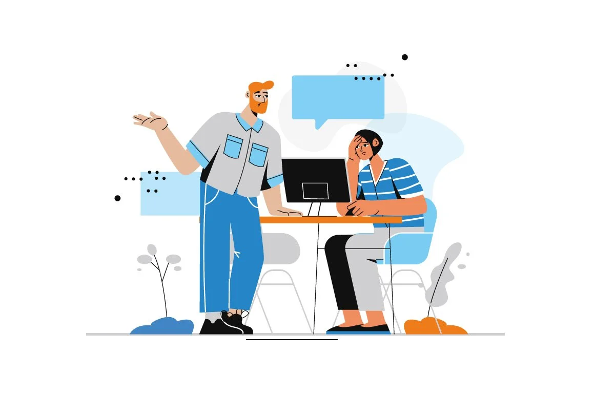 An illustration of two people in a discussion; one standing and gesturing with a puzzled expression, the other sitting at a desk with a computer, looking stressed and holding their head.