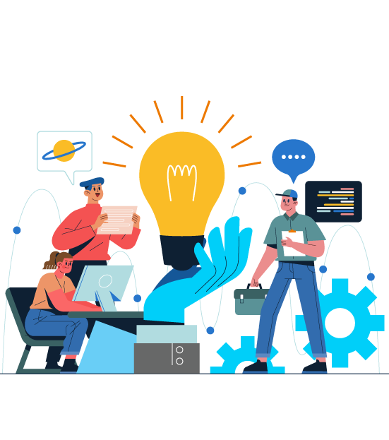 Illustration of a designer interacting with a webpage interface, featuring creative elements like a pen tool, plant, and coding symbol, in a minimalist style.