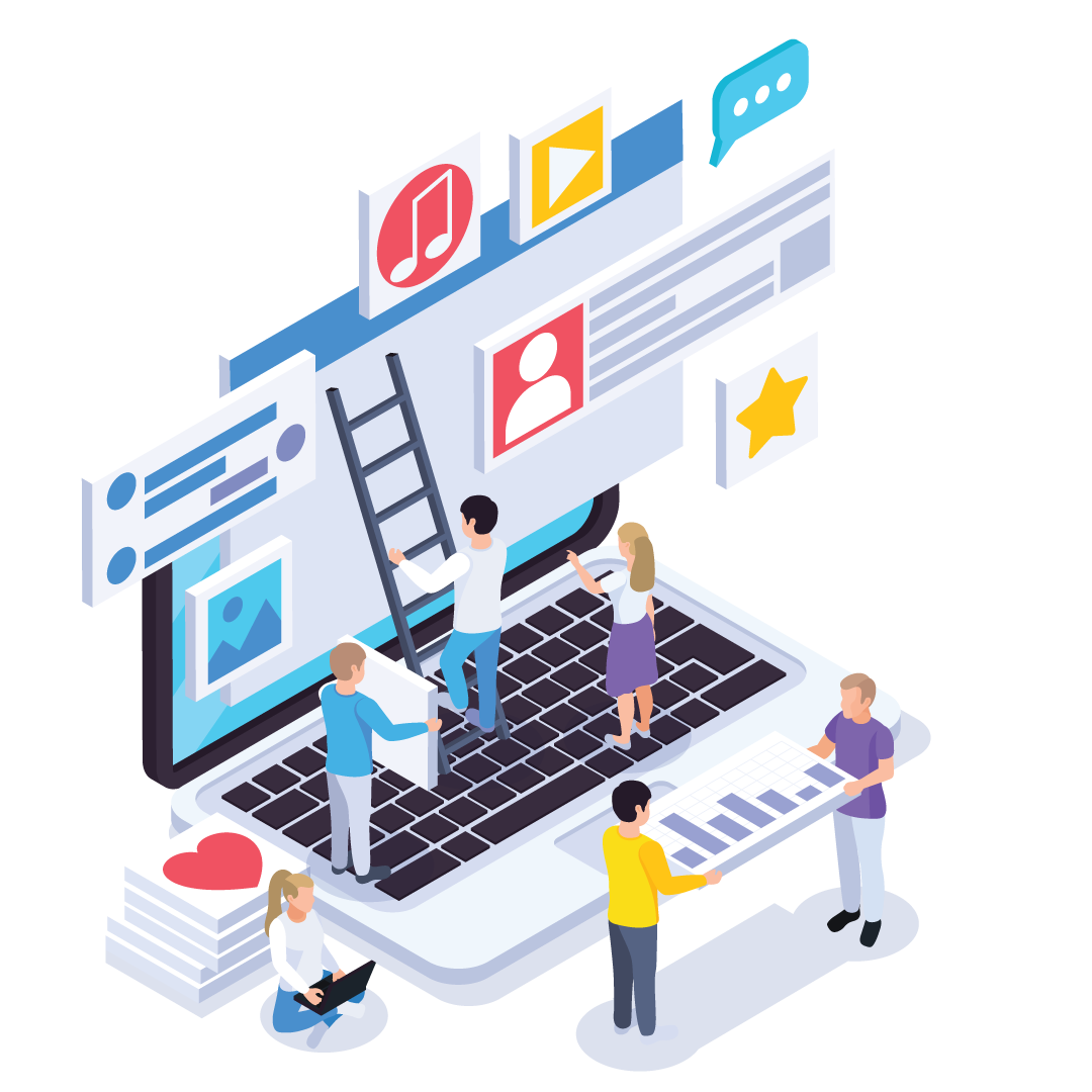 Illustration of people working together on a laptop to create and manage social media content, including images, videos, music, and messages.