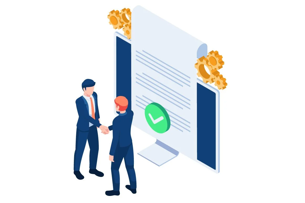 Two men in suits shaking hands in front of a large digital document with a green checkmark, surrounded by gear icons, symbolizing agreement or successful digital transaction.