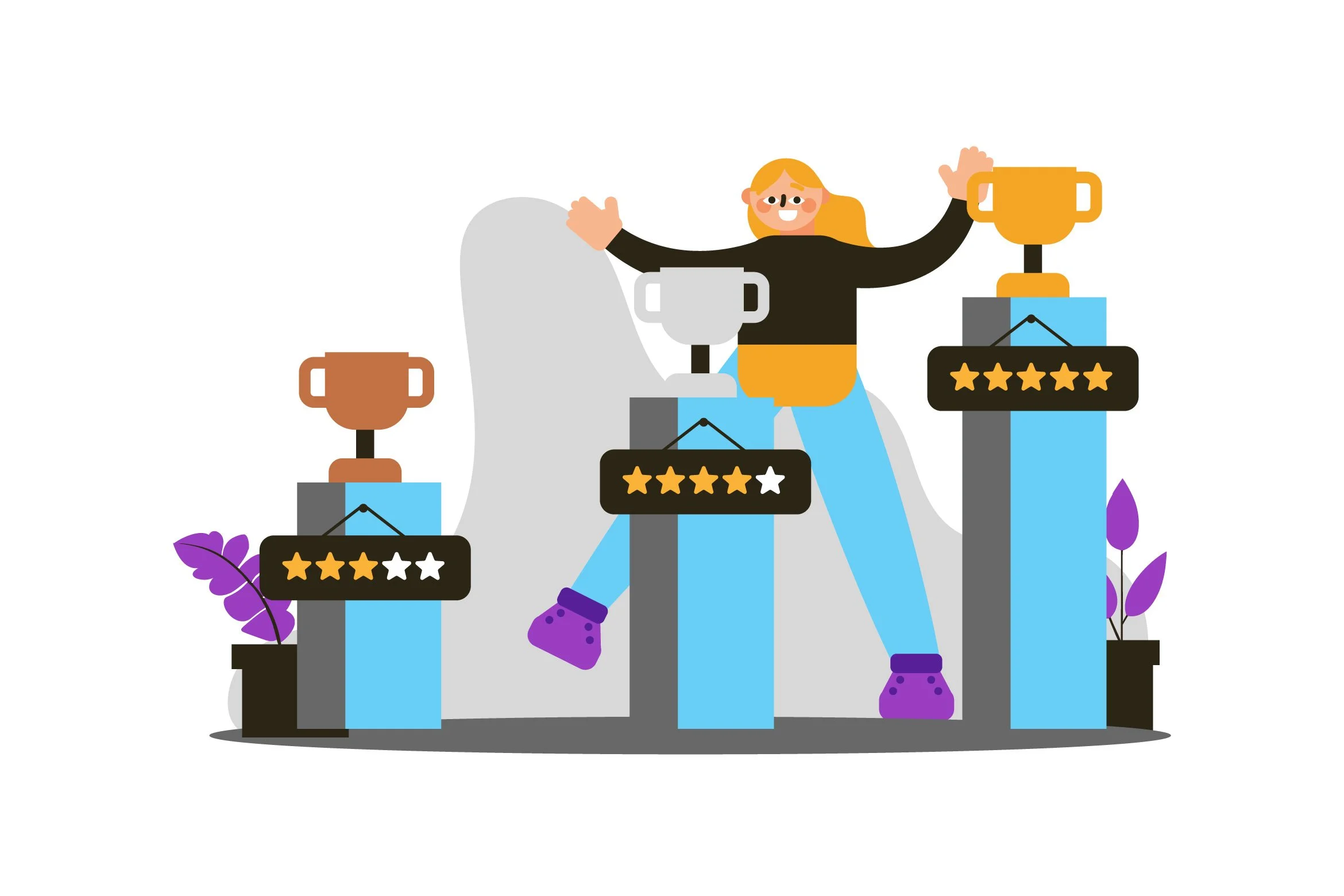 Cartoon woman celebrating on a winners' podium with three trophies, showing 4-star, 4-star, and 5-star ratings, surrounded by purple plants.