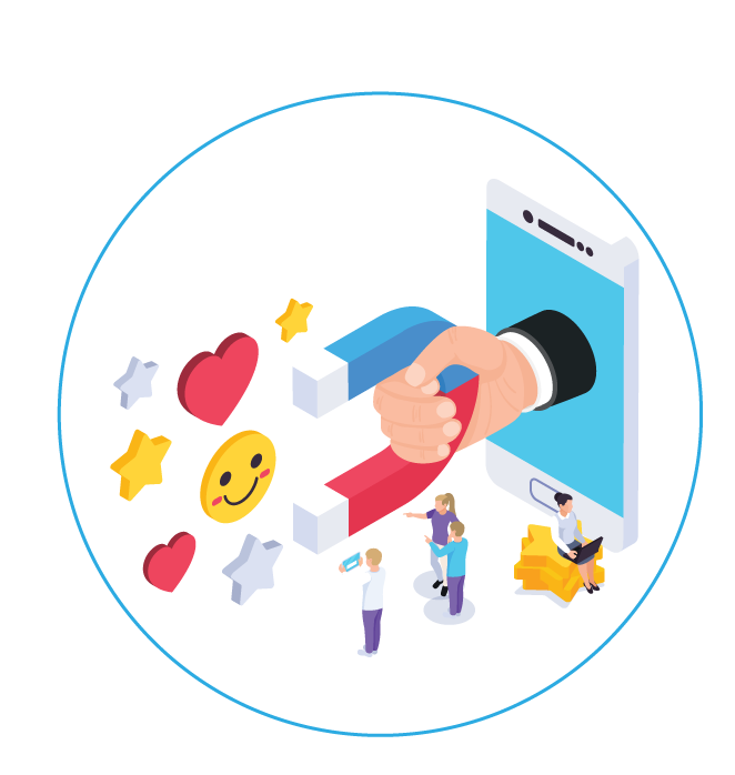 Digital marketing illustration with a hand pulling a magnet out of a smartphone, attracting social media icons, hearts, stars, and a smiling face, representing engagement and online interactions.