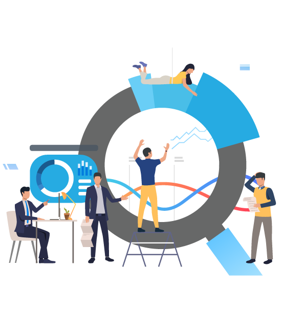 Illustration of a woman working on a laptop with a play button icon, a coffee cup, and plant, symbolizing digital content creation and multitasking.