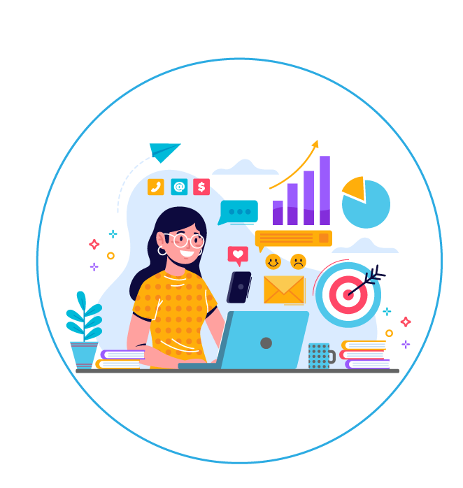 Illustration of a woman working at a desk with a laptop, surrounded by charts, graphs, a target with an arrow, and communication icons, representing productivity and data analysis.