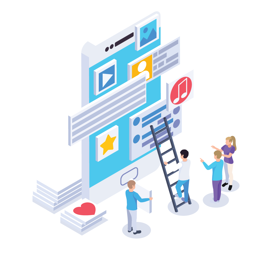 Four people are behind a giant smartphone with floating app icons, including a photo, video, profile, music, and star. The scene depicts social media or app development.