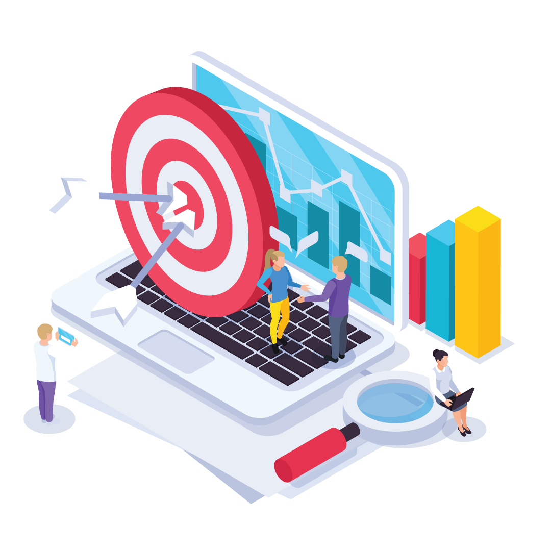 Digital illustration of a large laptop with a targeting bullseye, arrows, a bar chart, and a line graph on the screen. Two small characters shake hands on the keyboard, while other characters examine data, holding a magnifying glass and a tablet.